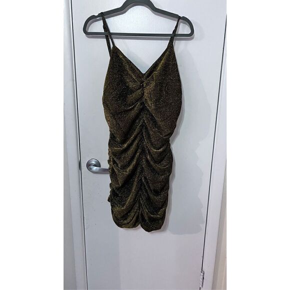 LULUS SEXY GOLD SHIMMER RUCHED DRESS WOMENS SIZE 16 - Picture 4 of 10